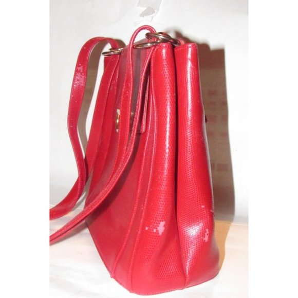 Focus Paris Xl Bucket Style Shoulder Red Lizard Texture Leather With Gold Accent - Picture 10 of 12